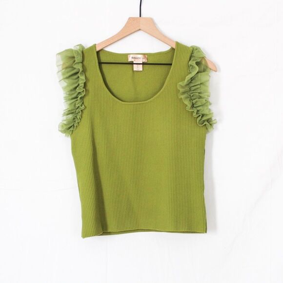 Bailey 44 Green Ribbed Tank Top Tulle Ruffle Shoulder Detail Large - Picture 1 of 7